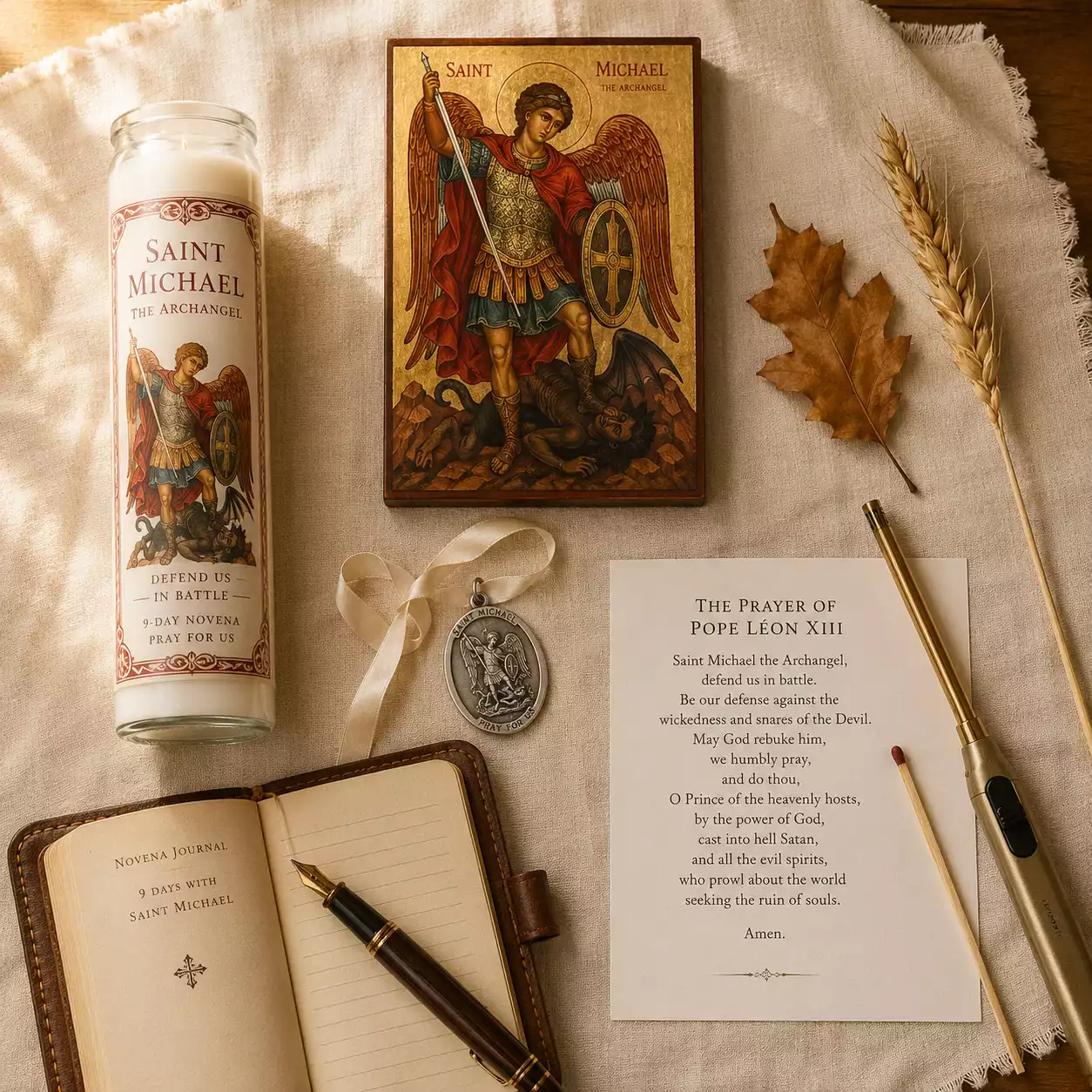 Table de prière préparée pour le rituel de la neuvaine à saint Michel — matériel des 9 jours