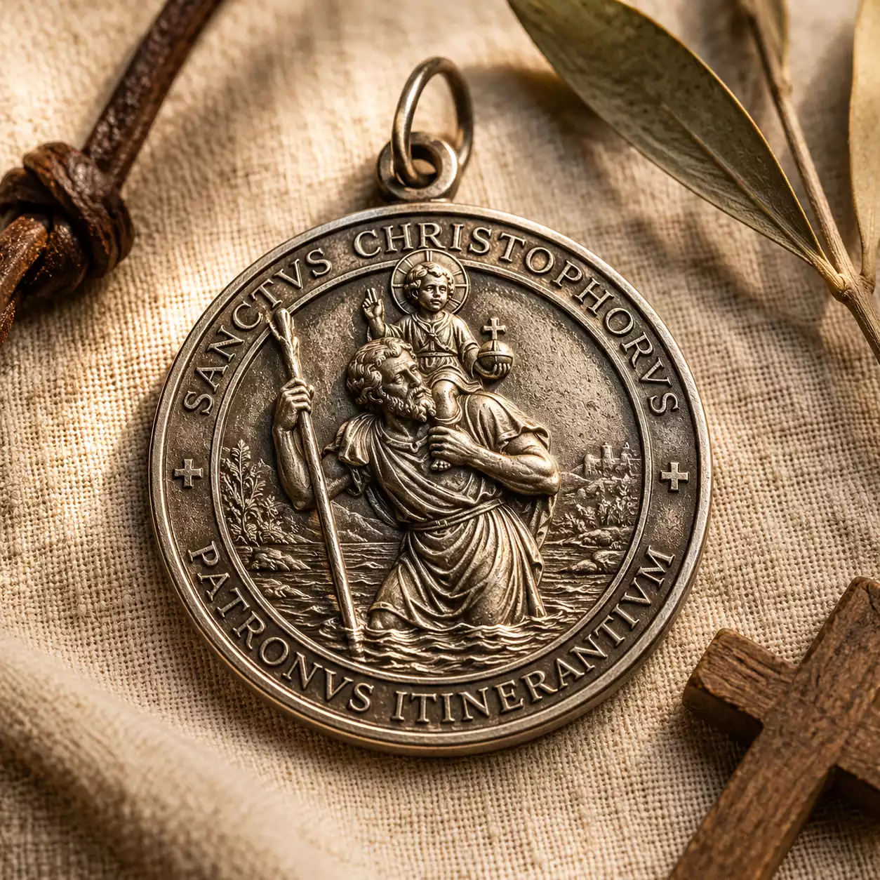 Médaille de saint Christophe en argent — détail macro de la gravure Sanctus Christophorus