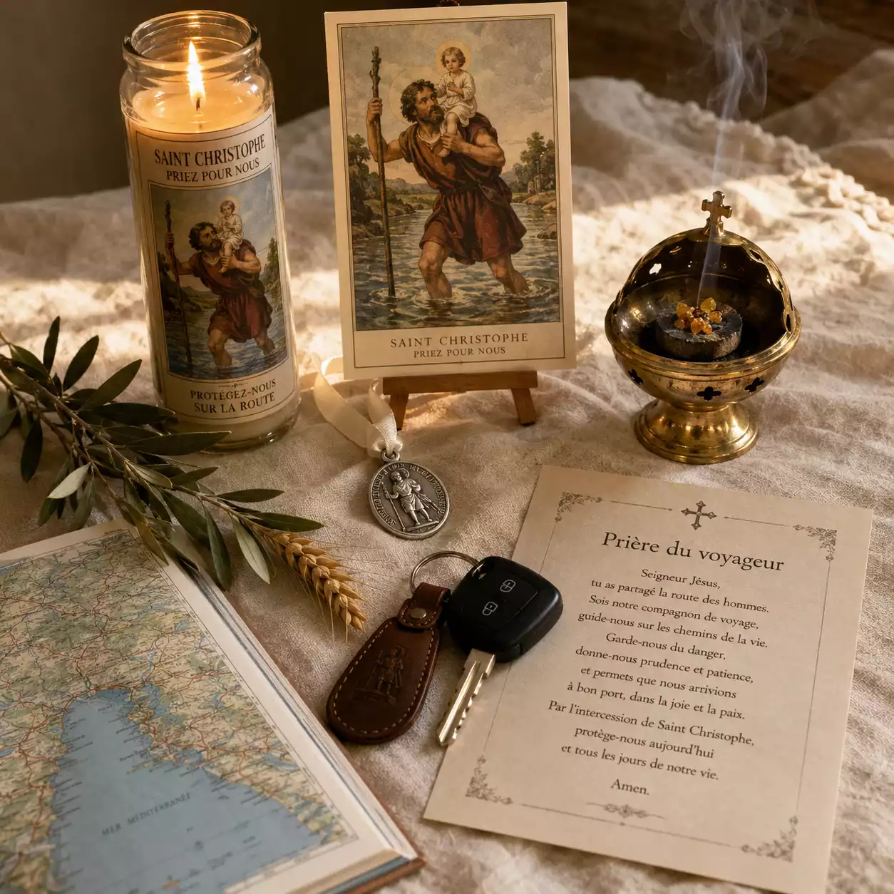 Rituel domestique de la fête de saint Christophe le 25 juillet — bougie, médaille, encens et clés de voiture bénies