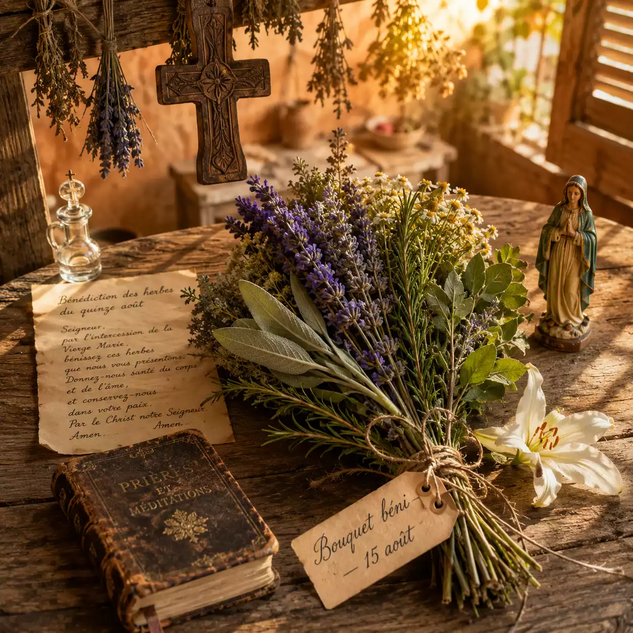 Bénédiction des herbes du 15 août — bouquet provençal traditionnel de 7 herbes bénies avec eau bénite