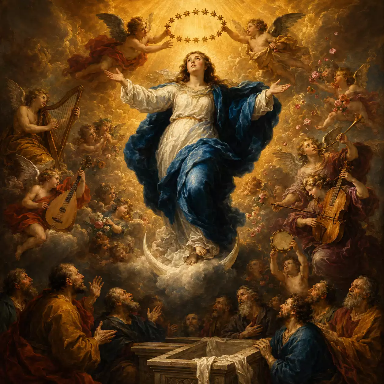 Vierge en Gloire baroque — Assomption inspirée de Rubens et Murillo, anges musiciens et couronne d'étoiles