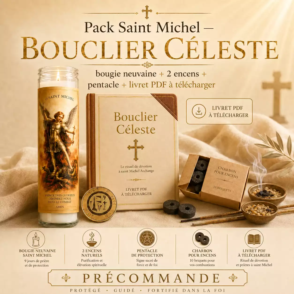 Pack Saint Michel Bouclier Céleste en précommande — bougie neuvaine, 2 encens, pentacle, charbon et livret PDF à télécharger