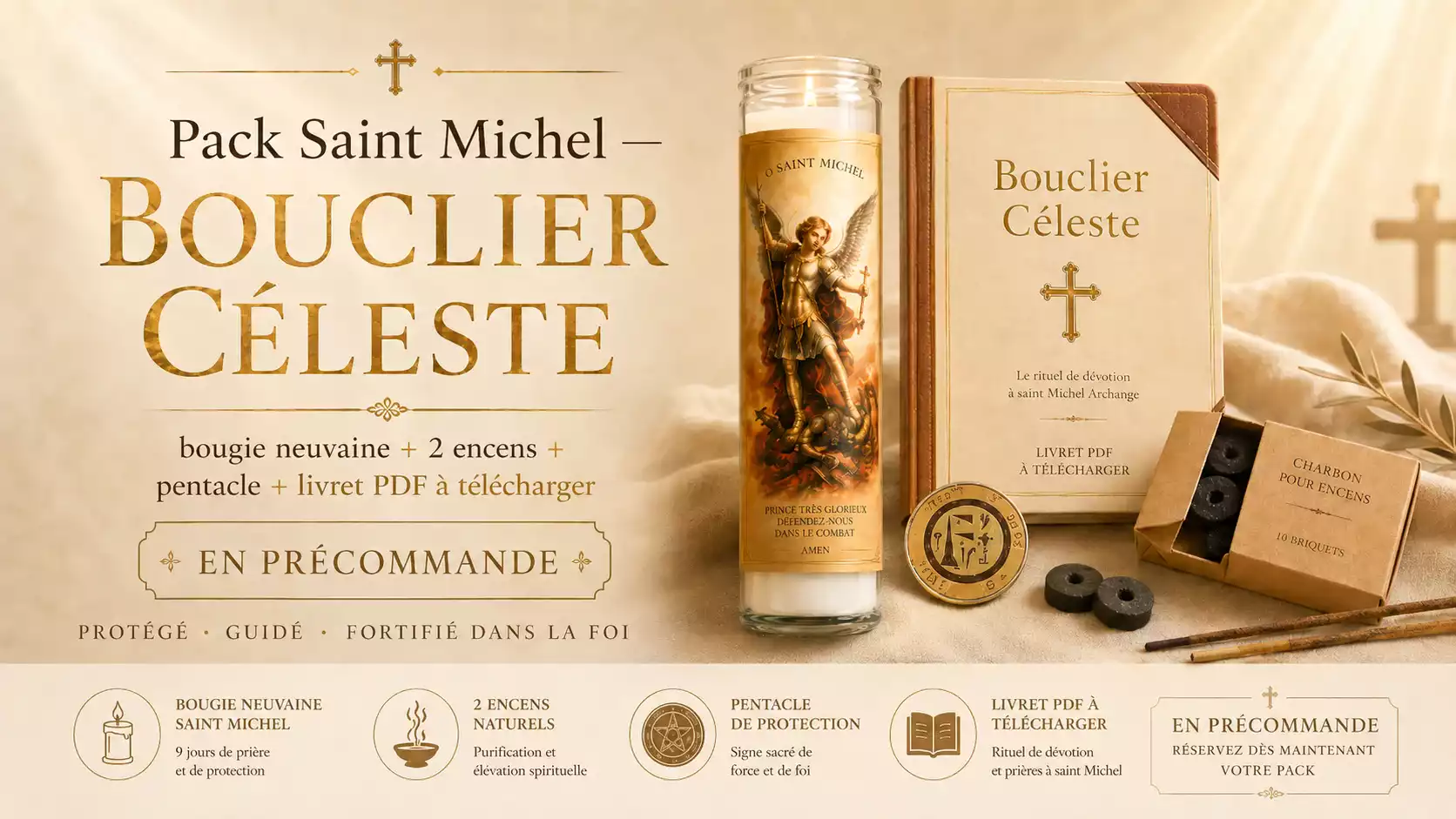 Pack Saint Michel Bouclier Céleste en précommande — bougie neuvaine, 2 encens, pentacle de protection et livret PDF à télécharger